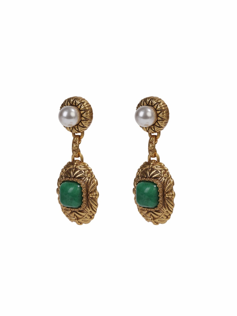 Vintage-Inspired Gold Drop Earrings with Green Stone and Pearl Accent925s posts